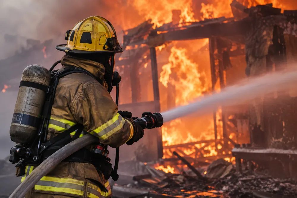Bombero con equipo de respiración manejando una manguera ante un incendio