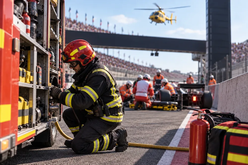 Bombero junto a un camión en un circuito de carreras durante un evento con público