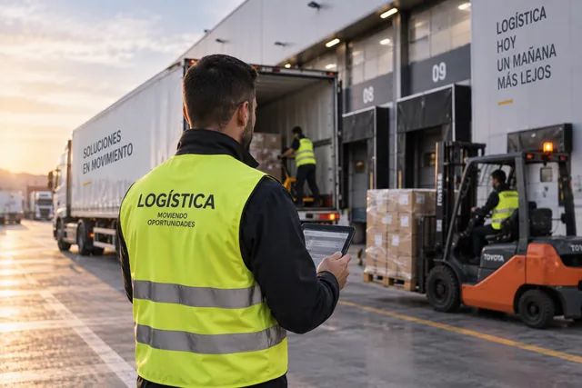 Trabajador de logística con una tablet junto a un camión en un muelle de carga