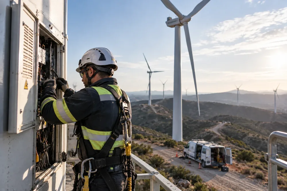 Técnico con arnés revisando un cuadro eléctrico junto a aerogeneradores