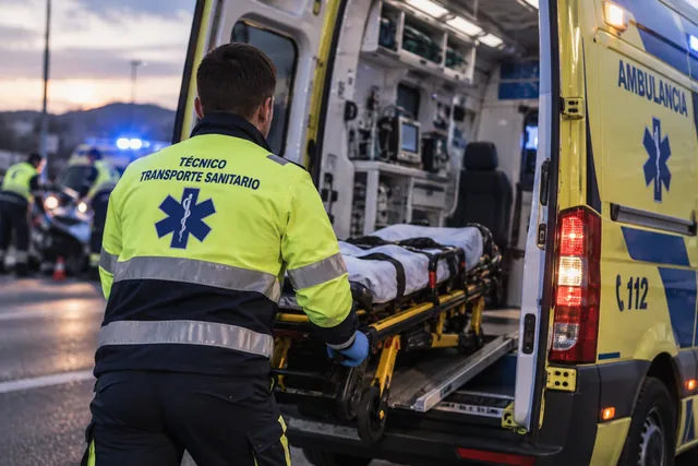 Técnico de transporte sanitario junto a una ambulancia con la camilla